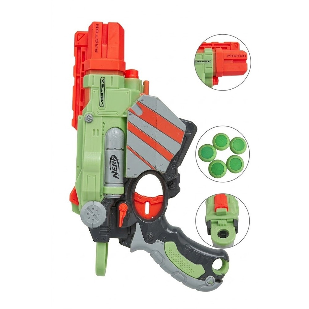 Nerf Vortex Proton Blaster Green Single Shot Disc Gun with 5 Green XLR Discs